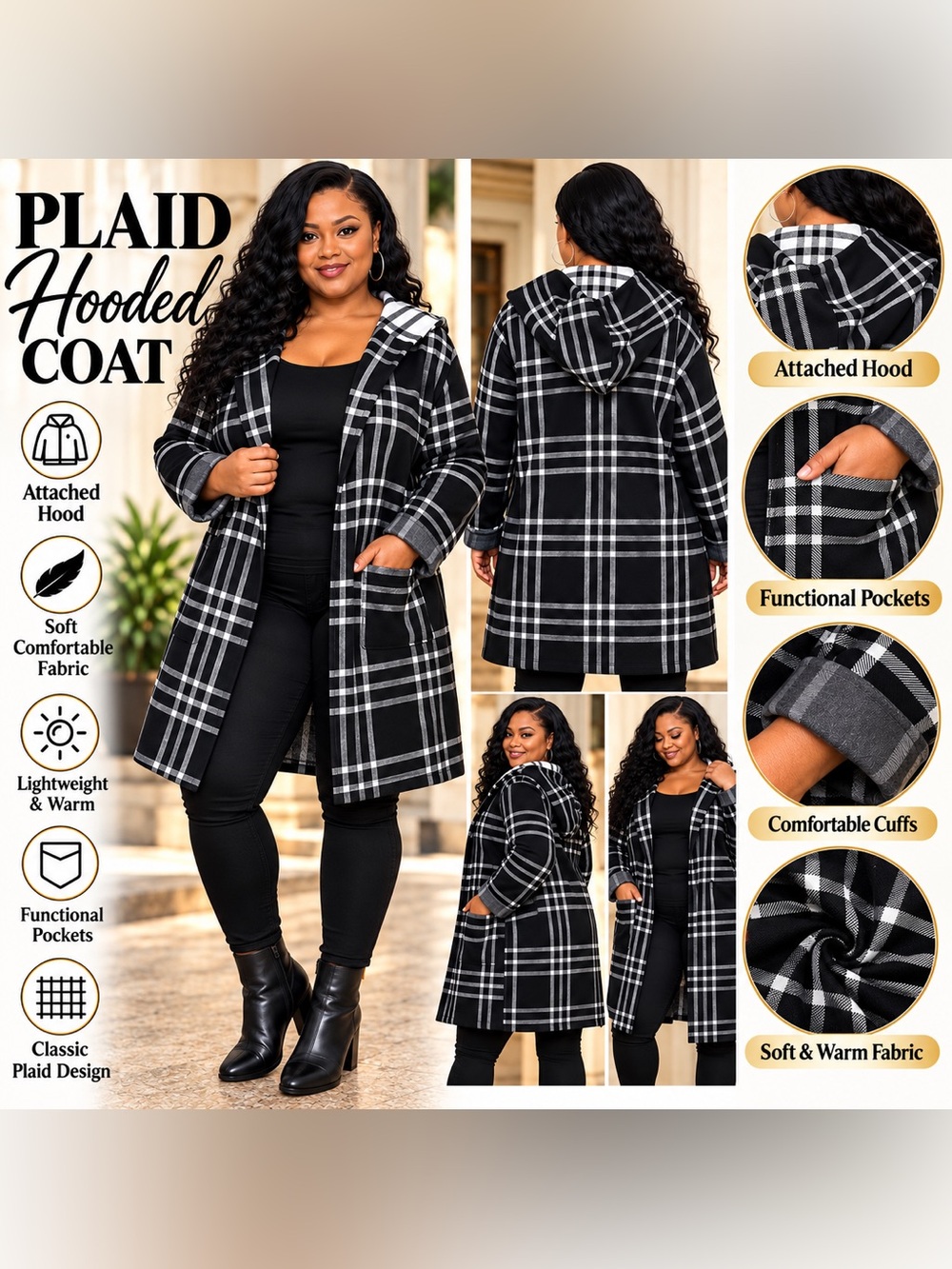 Extra Large Black & White Plaid Hooded Cardigan